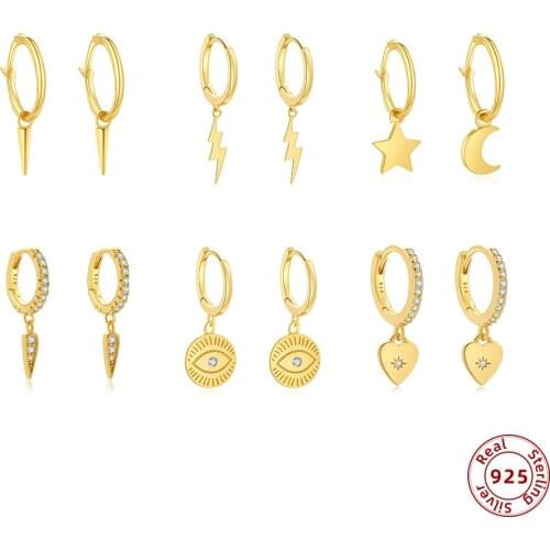 925 Sterling Silver Earrings Gold Color Moon Star Heart Hoop Earrings for Women Small Circle Huggie Earrings Fine Silver Jewelry