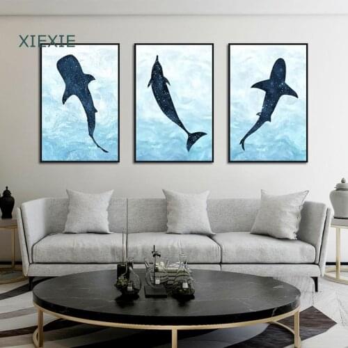 Shark Whale Dolphin Sea Animals Canvas Painting Watercolor Printing Poster for Living Room Modern Home Room Decoration