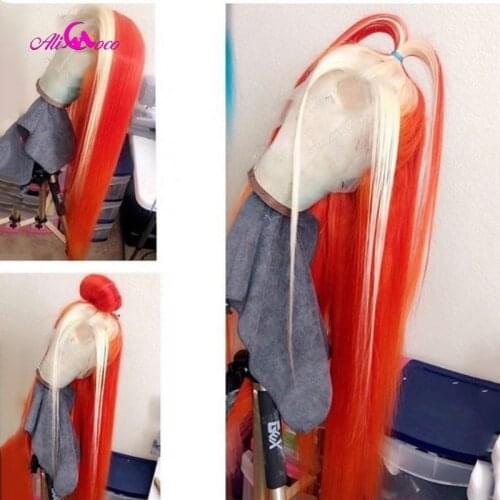 ALI Coco 150% Red Highlights Human Hair Wig Brazilian Remy Straight Yellow Lace Front Wig Pink Light Blue Ombre Wigs For Women