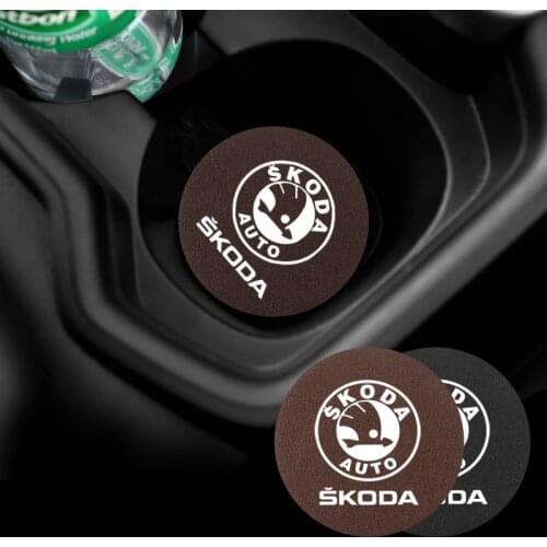 2Pcs PU Leather Car Cup Mat Auto Emblem Coaster Accessories For Skoda Rapid Octavia Fabia Superb Kodiaq Kamiq Karoq Scala