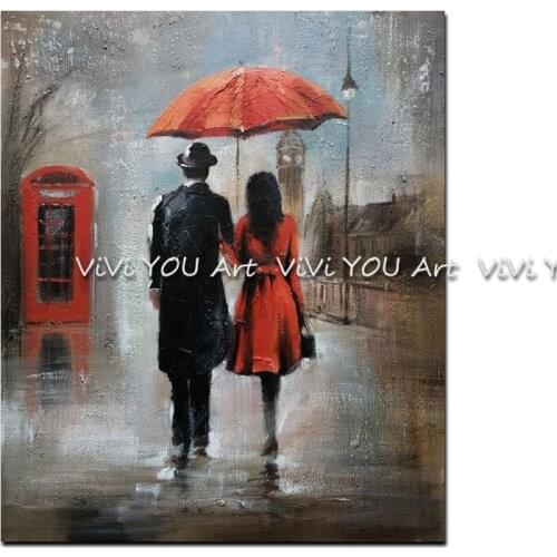 Large Handpainted Lover Rain Street Lamp Landscape Oil Painting On Canvas Wall pciture Wall Pictures For Living Room Home Decor