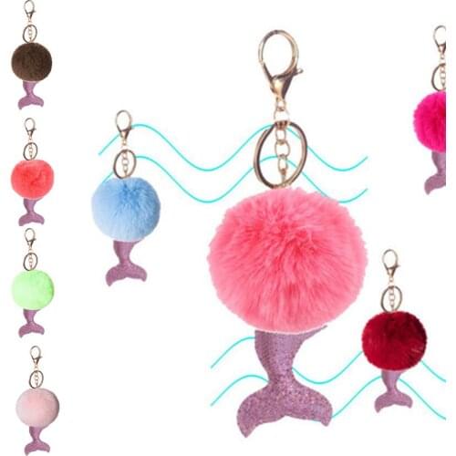 27Colors Keys Chain Car Ornaments Mermaid Pendant Rabbit Fur Key Chain Round Metal Fur Pom Ball Plush Bag KeyChain Accessories