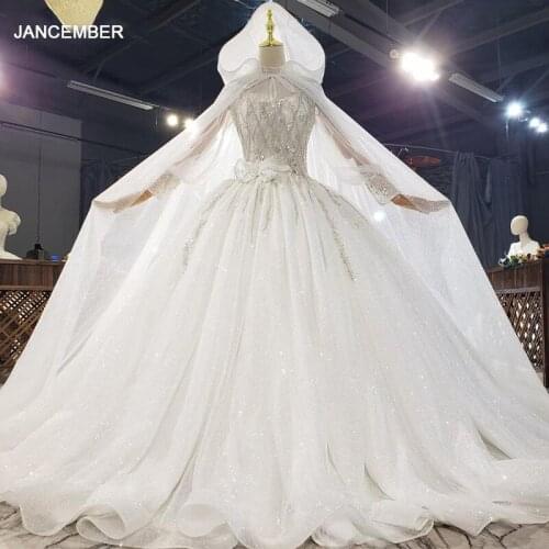 HTL1812 Luxurious Sequined Beading Cloak Wedding Dress 2020 High Neck Long Puff Sleeve Ball Gowns robe femme mariage