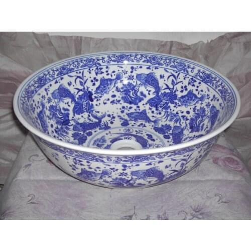 China Artistic Handmade Ceramic Lavobo Round Countertop blue and white wash basin