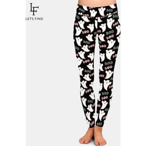 LETSFIND High Elastic Women Fashion Halloween Funny Ghosts and Text Boo Printing Leggings High Waist Workout Soft Leggings