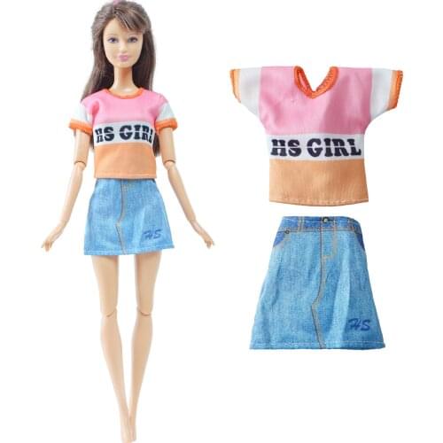 BJDBUS Fashion Girl Doll Dress Colorful T-shirt Short Blouse + Skirt Mini Gown Daily Wear Clothes for Barbie Doll Accessories