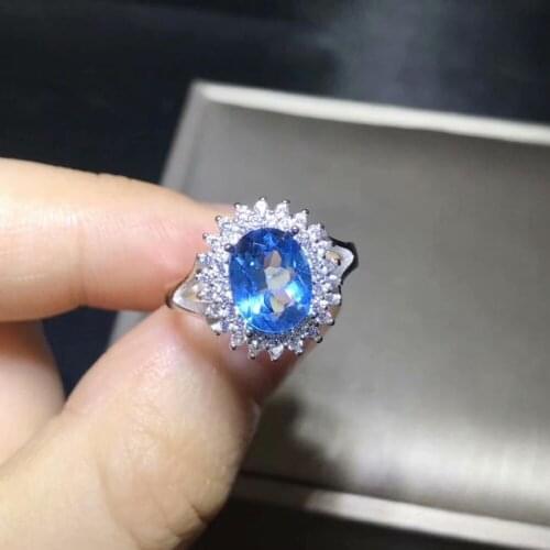 Natural blue topaz gem Ring Natural gemstone ring S925 silver Elegant round Princess Diana women girl gift party fine Jewelry
