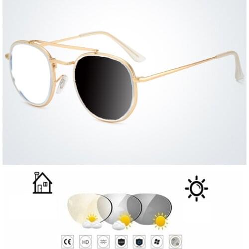 Double Bridge Round Gold Frame Retro Photochromic Grey Reading Glasses +0.75 +1 +1.25 +1.5 +1.75 +2 +2.25 +2.5 +2.75 To +4