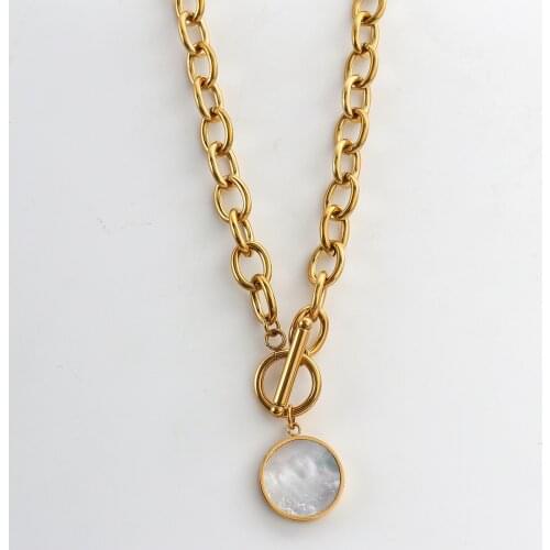 Flashbuy New Fashion Gold Color Titanium steel Chain Choker Necklaces Women Vintage Round Shell Pendant Necklace Chic Jewelry