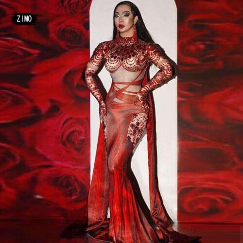 Luxury Red Rhinestone Print Women Mermaid long Dress Singer Dance Stage Performance Outfit Evening Party club Celebrate birthday