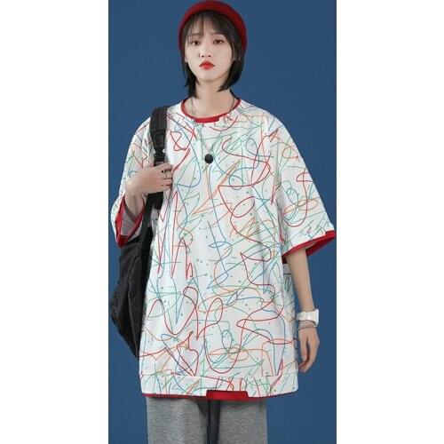 Swag Style Fashion Striped Printed Women Long Tees Summer Girls Female Loose Short Sleeve Cotton T-shirts O-neck DA202