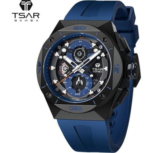 TSAR BOMBA Watch for Mens 100M Waterproof Silicone Strap MIYOTA JS20 Movement Chronograph Sapphire Advance Business Wristwatch