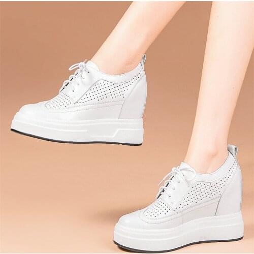 Breathable Casual Shoes Women Genuine Leather Wedges High Heel Ankle Boots Female Lace Up Chunky Platform Pumps Fashion Sneakers