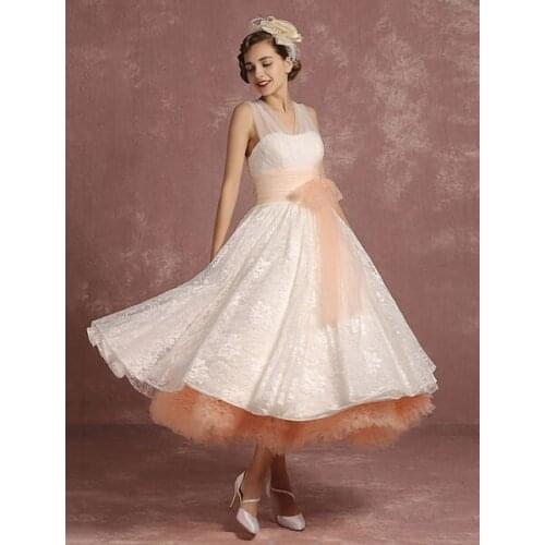 Vintage Wedding Dresses Lace V Neck Sleeveless Bridal Gown A Line 2 Colors Tiered Ribbon Bow Sash Tea Length Bridal Dress