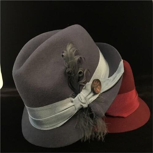 Fashion Women 100% Wool Felt Fedora Jazz Hat With Feather For Elegant Lady Jazz Church Fascinator Hat