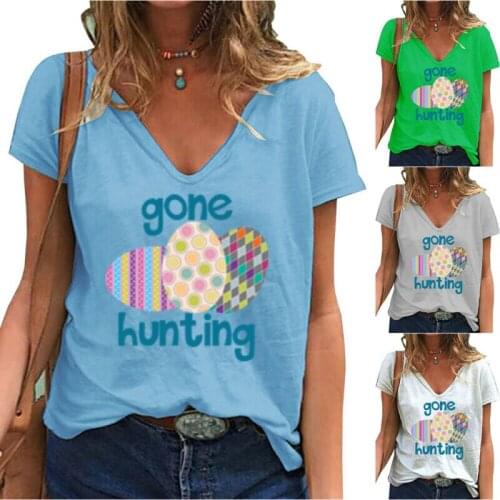 Women Short Sleeve Easter Egg Printed T-Shirt Casual Loose Shirt Blouse Tee Top