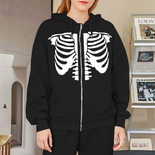 90s Aesthetic Graphic Skeleton Hoodie Zipper Jacket Women Oversized Cotton Sweatshirt Vintage E-girl Streetwear with Pocket Tops