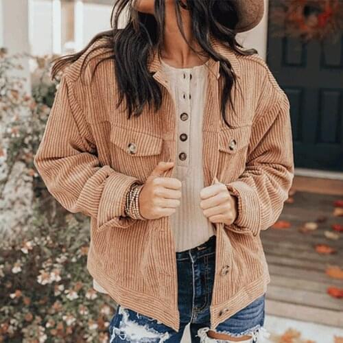 Corduroy Ribbed Pockets Womens Jacket Autumn Long Sleeve Solid Turn-down Collar Button Female Jackets Coat Casual Vintage 2021