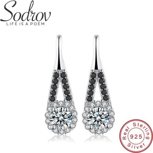 SODROV Pure 925 Sterling Silver Jewelry Black Spinel Engagement Drop Earrings for Women T120