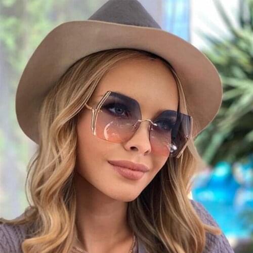 Sexy Purple Pink Rimless Glasses For Women Fashion Oversized Shades Luxury Designer Gradient Cute Ladies Sunglasses Curved Legs