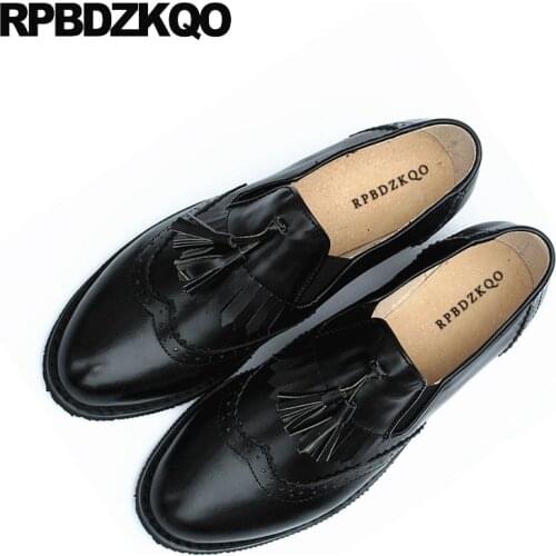 Flats Loafers Large Size Fringe Brogue Slip On Round Toe 12 44 11 Women Oxford With Tassel Black 41 Genuine Leather Vintage