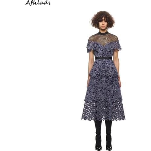 Self-Portrait autumn new womens velvet embroidered patchwork lace round neck high waist was thin split long vestidos dress