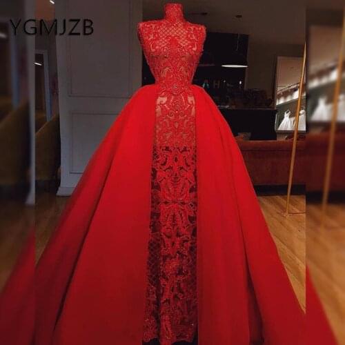 Long Prom Dresses 2020 Mermaid Detachable Train High Collar Red Evening Dresses Saudi Arabic Women Formal Dress Ball Gown