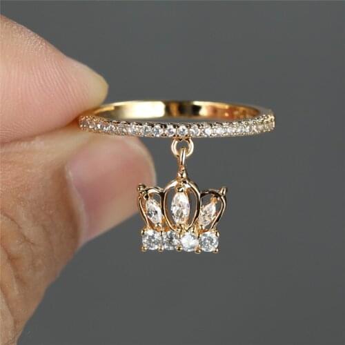 Geometric Small Stone White Zircon Ring Luxury Crystal Queen Crown Pendant Ring Dainty Gold Silver Color Wedding Rings For Women