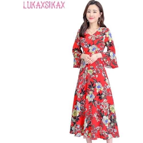 New Arrival 2020 Spring Summer Women Dress Gorgeous Flowers Print Chiffon Long Dress Sweet Bohemian Beach Vacation Dress