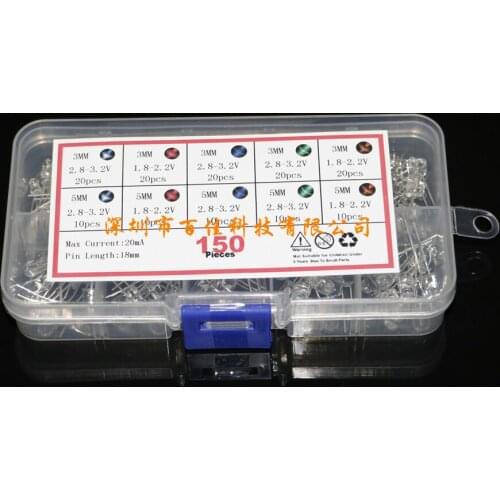 150pcs 3MM 5MM Led Kit With Box Mixed Color Red Green Yellow Blue White Light Emitting Diode Lamp Assortment Kit