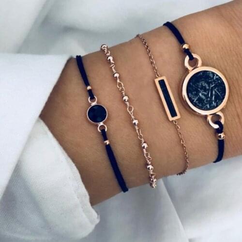 4Pcs/Set Creative Black Round Stone Beads Chain Bracelet Fashion Rope Woven Couple Bracelets Hand Accessories for Women