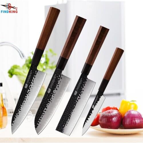FINDKING 4 pcs Kitchen Knife Stainless Clad Carbon Steel Nakiri Santoku Utility Knives Japanese Professional Octagonal Handle