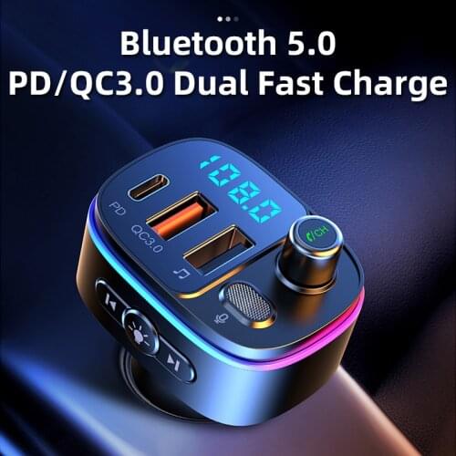 Car Bluetooth 5.0 FM Transmitter Car MP3 Player U Disk Music Car Charger Type-C PD QC3.0 Fast Charging 7 Color Ambient Light