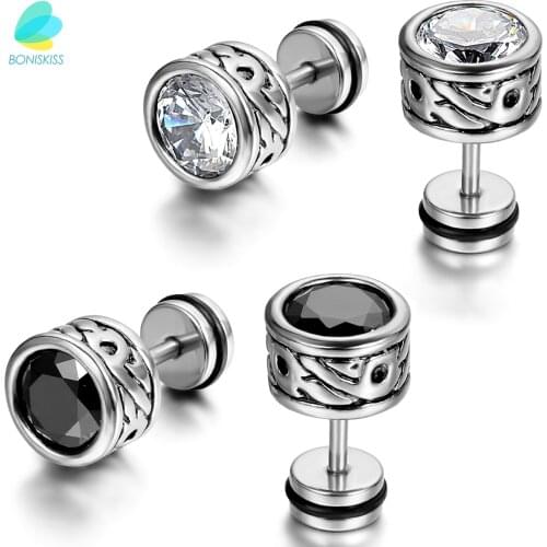 BONISKISS High Quality Cool Mens Earring Ear Stud Stainless Steel CZ Crystal Fake Plug 2 - Black & Silver Color