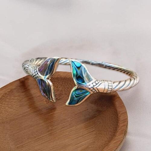 Abalone Shell and Mermaid Tail Bangle Bracelet Adjustable Open Hand Chain for Women Girls BH