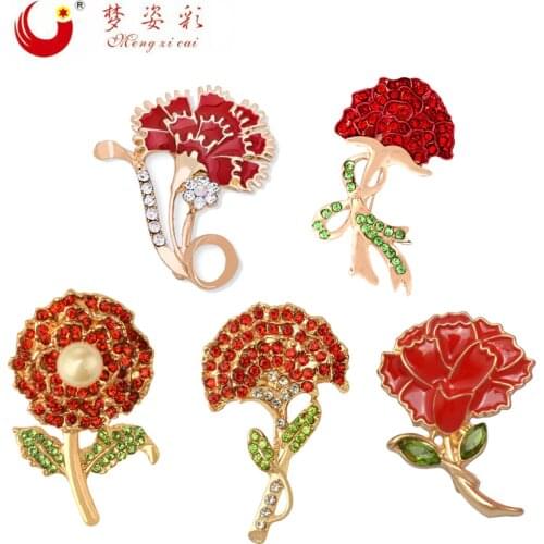 CAIZI Red Rhinestone Carnation Brooches for Mothers days Enamel Pins for Women Crystal Flower Broshes Jewelry Accessories Gifts