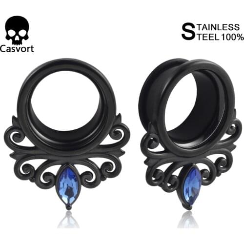 Casvort 2Pcs Popular Stainless Steel Round Zircon Flower Vine Ear Plugs Tunnels Expanders Piercing Body Jewelry Earring Gauges