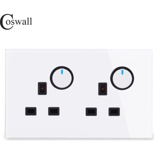 Coswall Full Glass Panel 2 Gang UK Standard Wall Socket 2 Gang 2 Way On / Off Pass Through Light Switch Switched LED Indicator