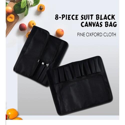 Damask 8 Pcs Kitchen Knife Bag Durable Black Canvas Roll Bag With 8 pockets For Kitchen Tools Chef Knife Portable Knife Holder