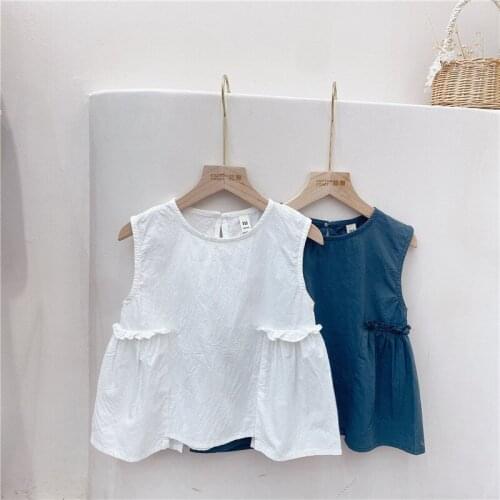 Kids Clothing 2021 New Summer Baby Girls Vest Blouse Korean Solid Cotton Pleated Girls Shirts Childrens Sleeveless Tops 3-8 Y