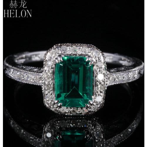 HELON Solid 14K White Gold 7X5mm Emerald Diamonds Vintage Fine Jewelry Engagement Ring For Women Birthday Anniversarry Best Gift