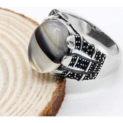 Turkish Mens Ring with Natural Agate 925 Sterling Silver Vintage Gemstone Ring with Black CZ Turkish Jewelry Gift to Male Boys