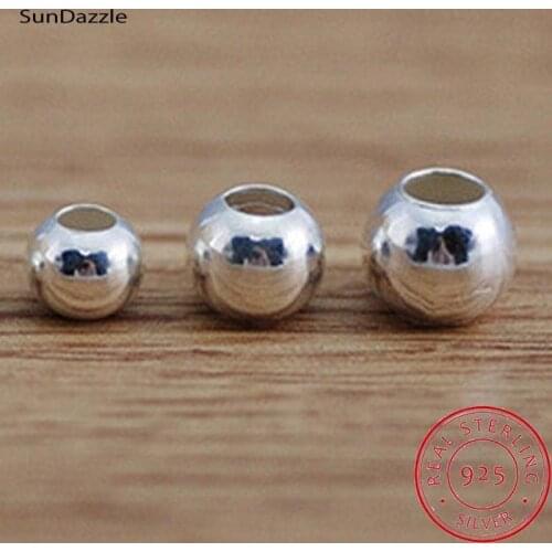 Large Hole Genuine Real Pure Solid 925 Sterling Silver Beads Jewelry Findings Round Smooth Bead DIY Bracelet Necklace 3-8mm