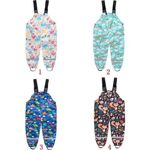 Childrens Waterproof Rain Pants Toddler Baby Boys Girls Jumpsuit Rompers Kids Suspenders Adjustable Printed Shoulder Strap