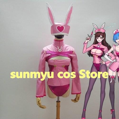 Customize,Free Shipping! Overwatch D.VA Bunny Girl Clothes Pink Faux Leather Sexy Cosplay Costume,Custom Size Halloween