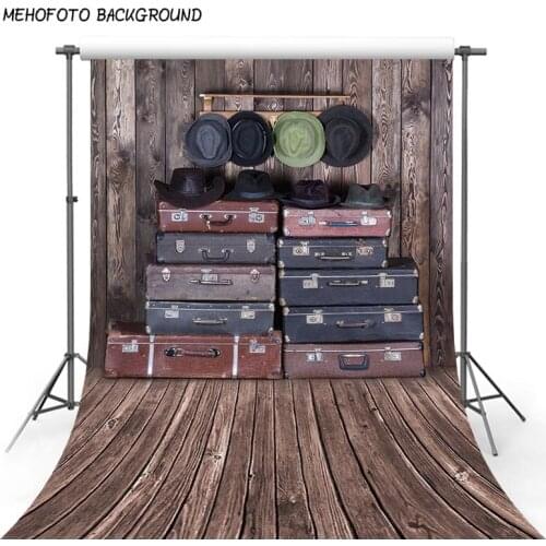 Cowboy Photography Background 5x7 Dark Brown Wood Vinyl Flooring Travel Cases with Hats for the Kids Holiday Photocall Classical
