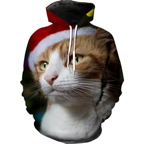 Mens Christmas Hoodies Fashion 3D Printed Men Cute Cats Printed Oversized Sweatshirt Male Long Sleeve Pullovers Unisex