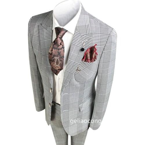 Custom Made 2-Piece Houndstooth Smoking Casual Business Gentlemen Groom Suits Prom Suits For Men Slim Fit Wedding Man Tuxedo