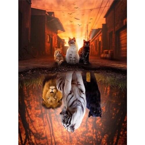 PDMDOG Diamond Painting Kit Cat Animal Mosaic Sunset City Scenery Embroidery Town Landscape Home Decor