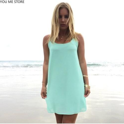 New Summer Women Chiffon Sleeveless Dress Back Bow Knot Beach Dress Solid Sweet Mini Lined Dresses Plus Size